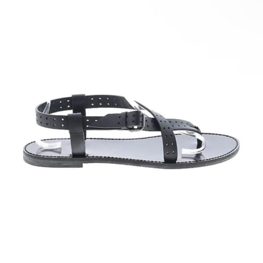 The Kooples Sz 8 women’s sandals Black Perforated Leather Silver buckle Flat NEW